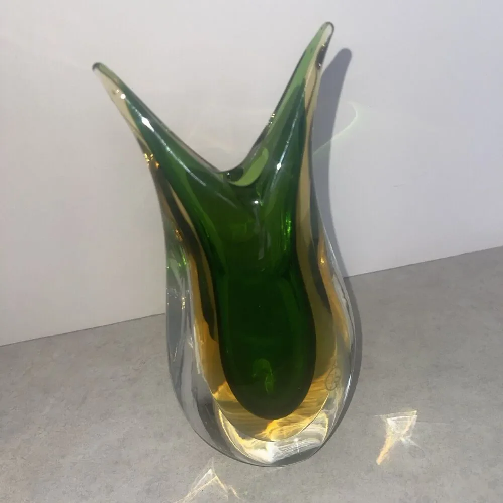 Vtg Murano Art Glass Sommerso Vase Fish Tail Italy 8” Green Vero SRL Cert 2 lb